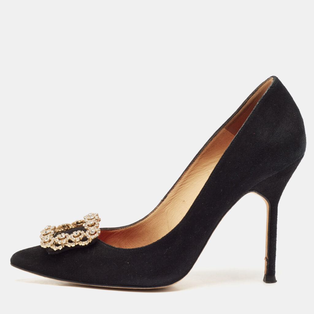 CH Carolina Herrera Black Suede Crystal Embellished Pointed Toe Pumps Size 37