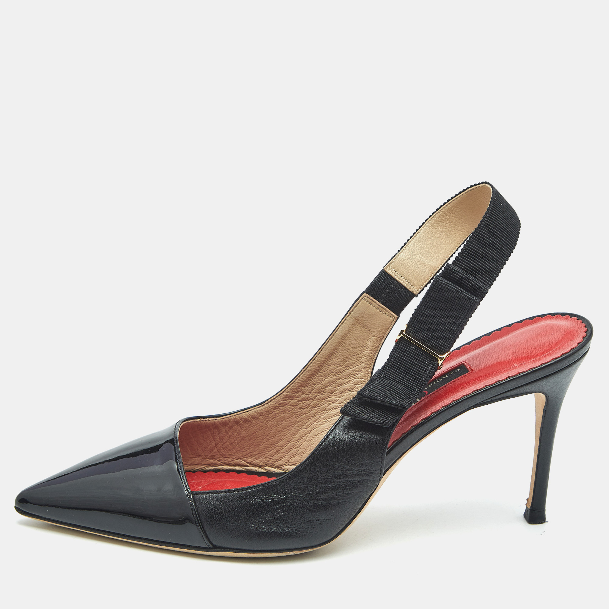 ch carolina herrera black patent and leather slingback pumps size 39