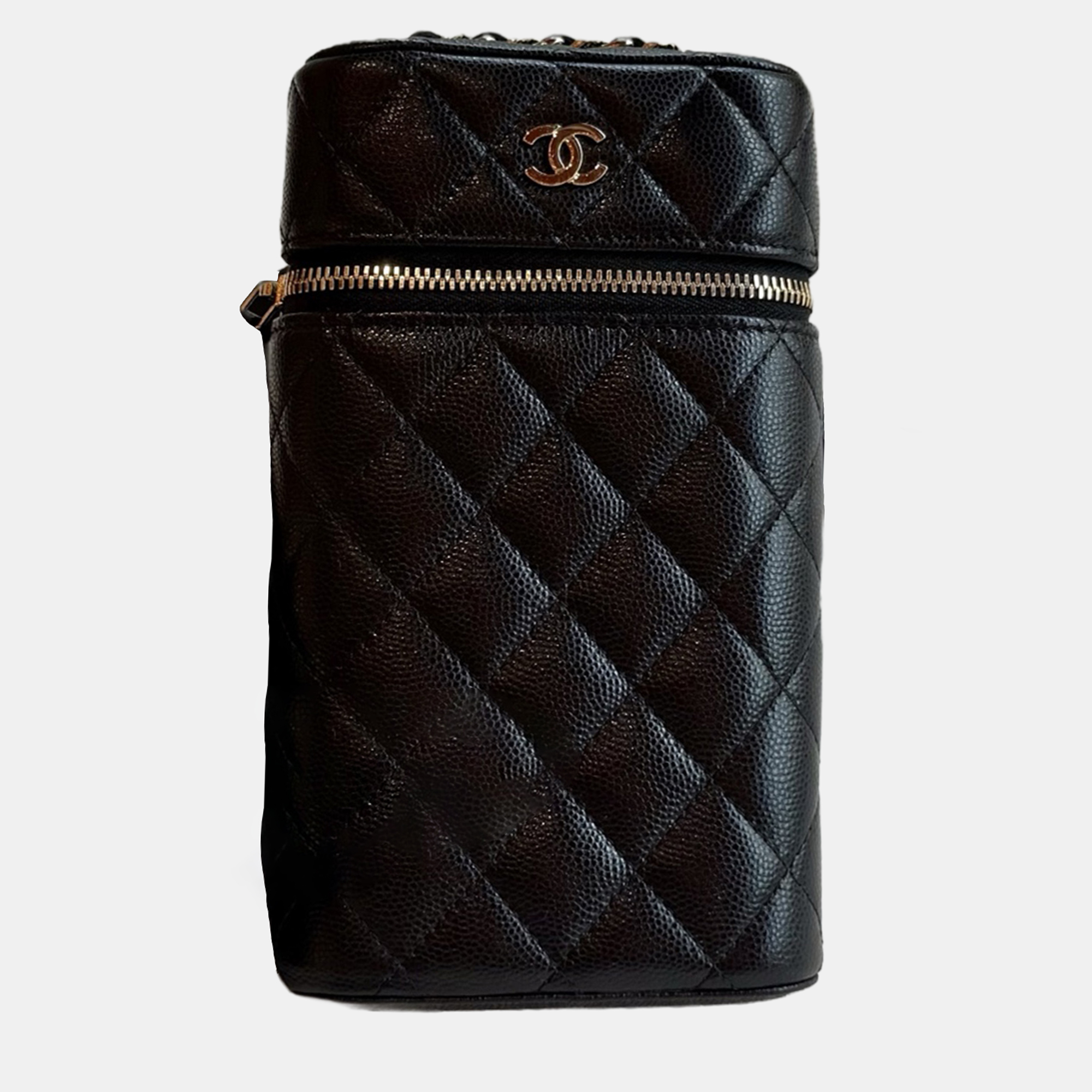 chanel cc vanity black leather verical phone holder with chain