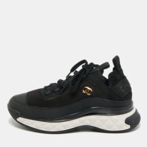 chanel black fabric and leather cc low top sneakers size 38