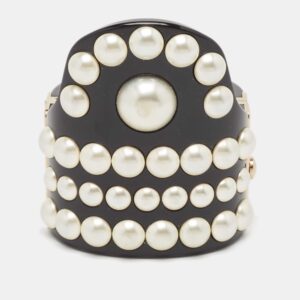 chanel cc black resin faux pearl gold tone cuff bracelet