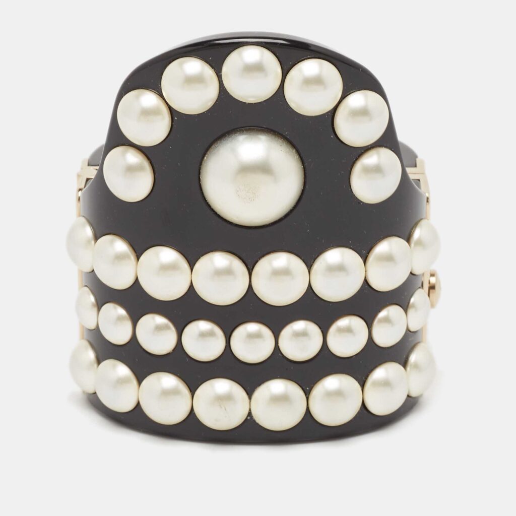 luxury-women-chanel-used-accessories-p1097891-004-2.jpg Chanel CC Black Resin Faux Pearl Gold Tone Cuff Bracelet