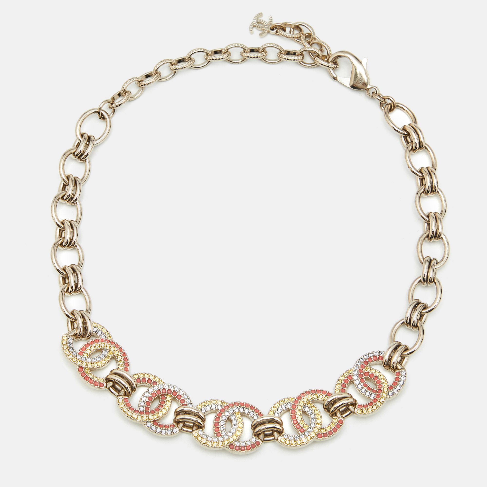 chanel cc multicolor crystal gold tone necklace