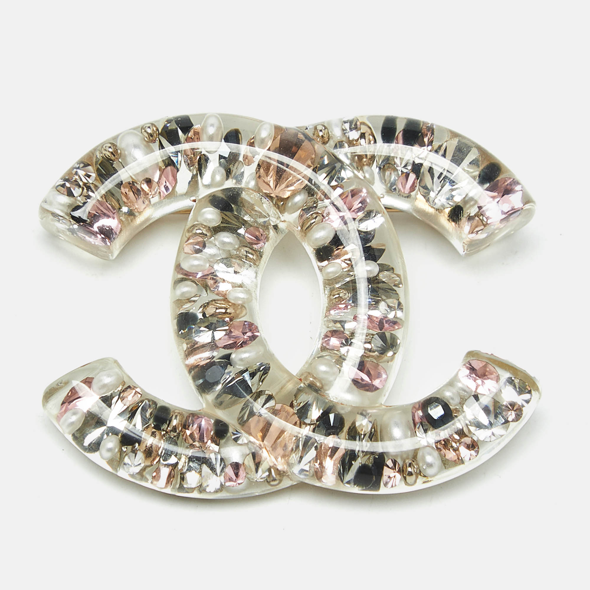 chanel cc resin faux pearl crystals gold tone brooch