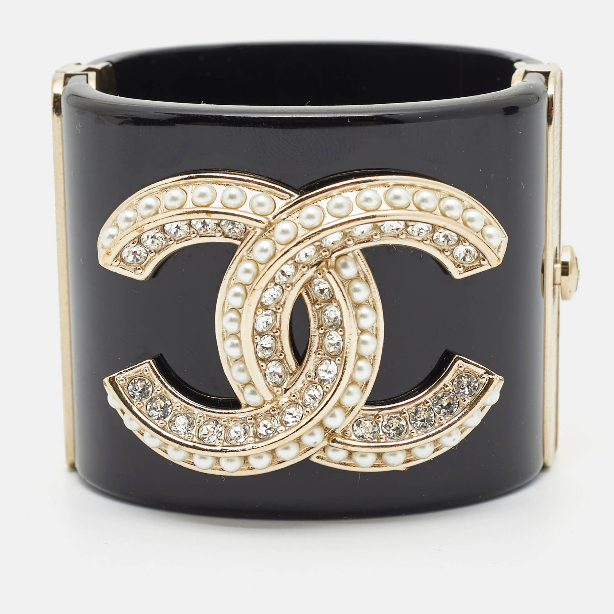 chanel cc resin faux pearl crystals gold tone cuff bracelet