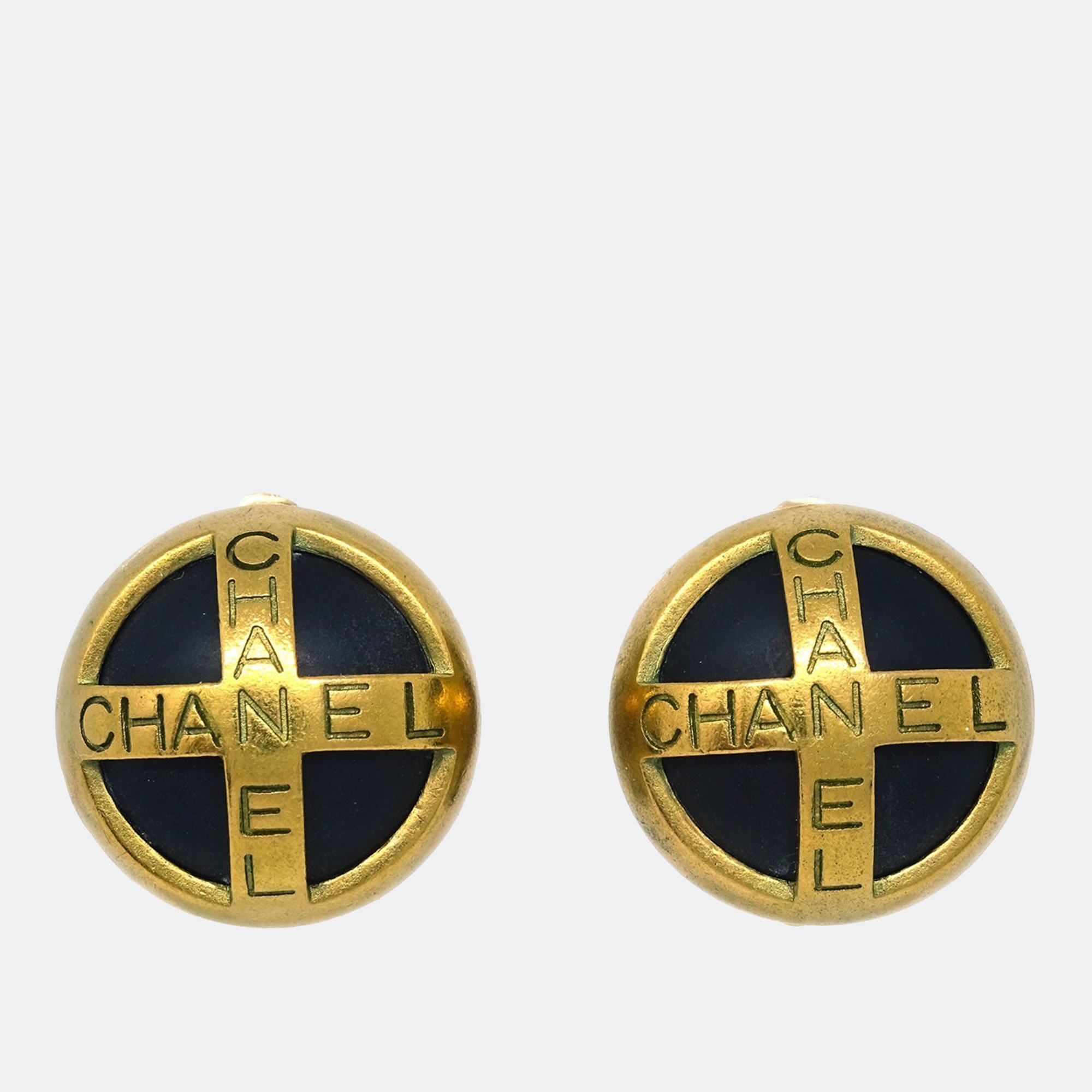 chanel button earrings clip-on black gold
