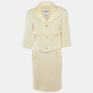 chanel white tweed leather trim detail jacket & skirt suit m