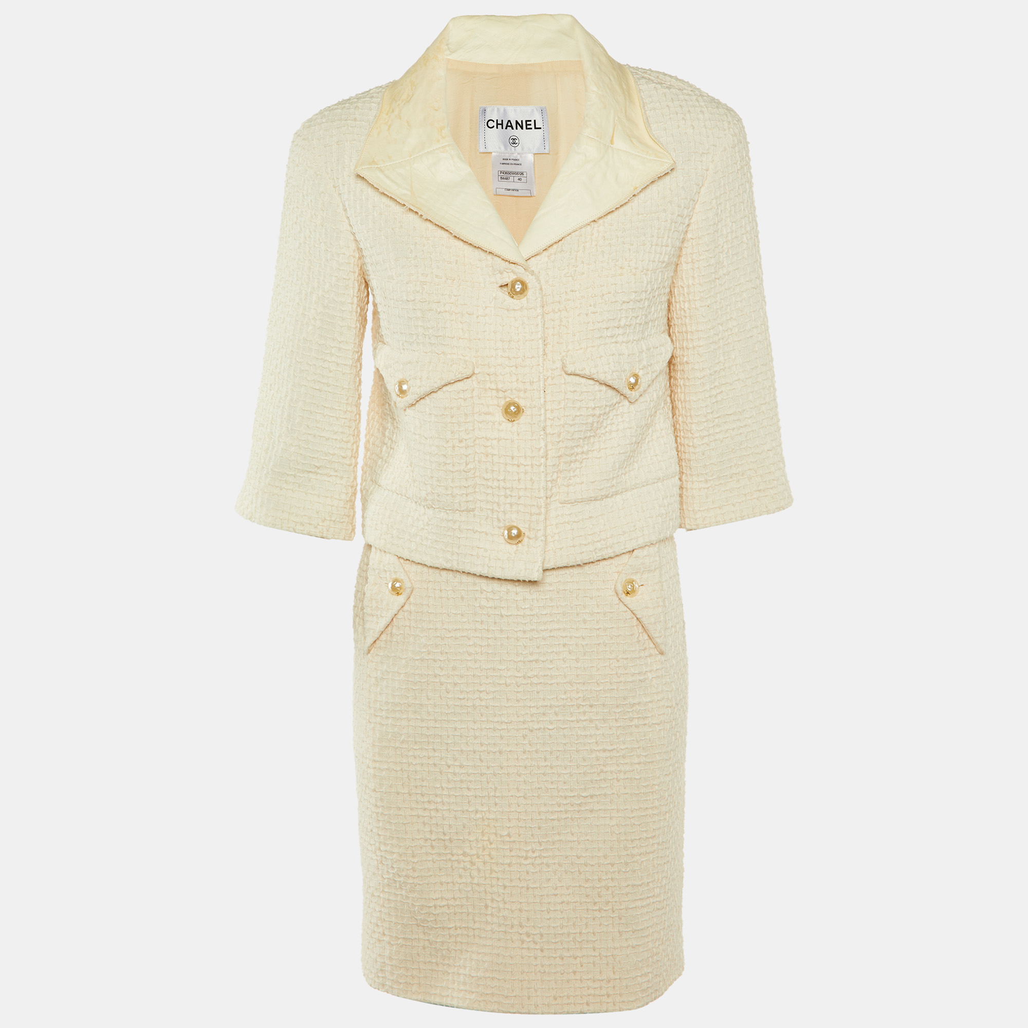 chanel white tweed leather trim detail jacket & skirt suit m