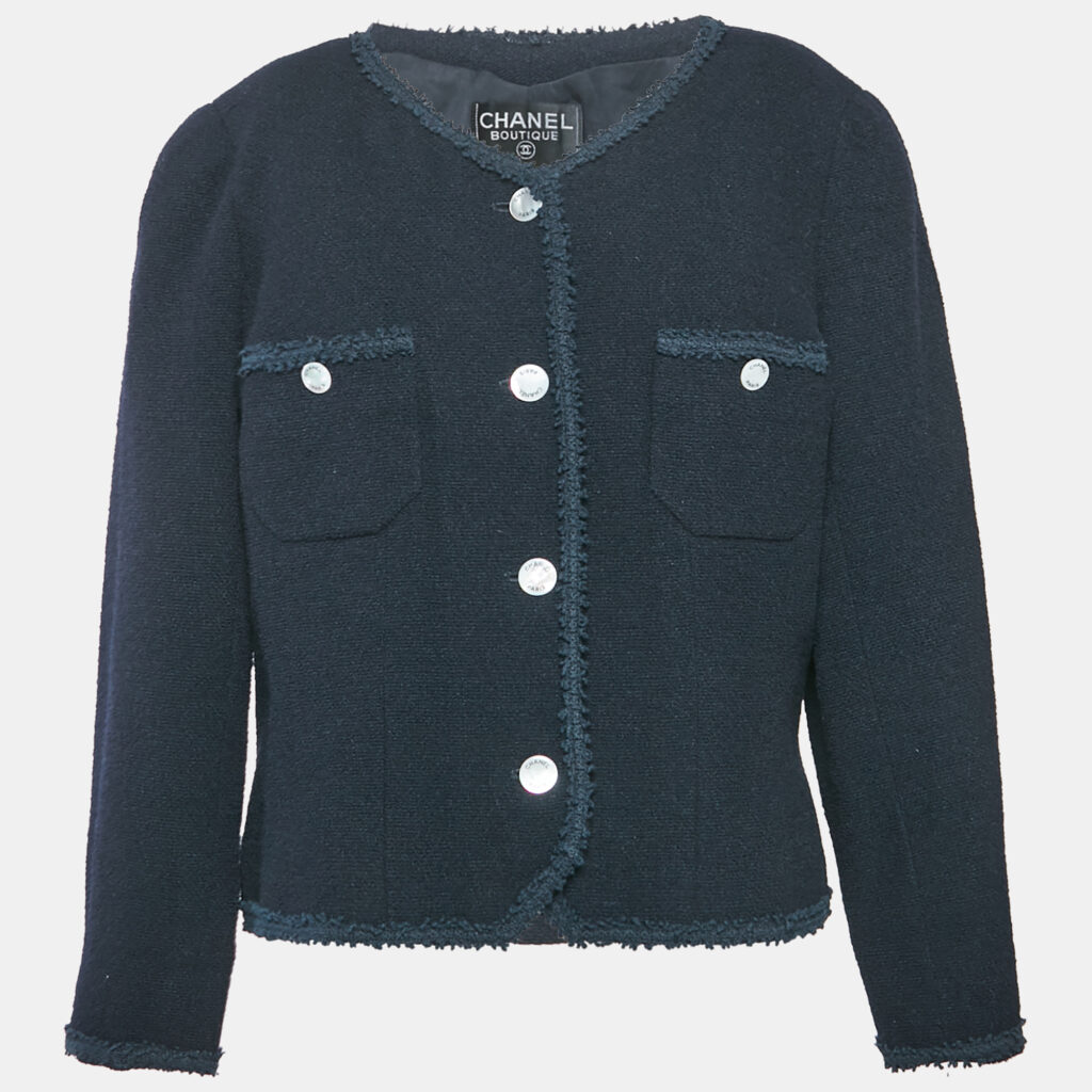 luxury-women-chanel-used-clothes-p1169278-002-2.jpg Chanel Vintage Navy Blue Wool Buttoned Jacket L