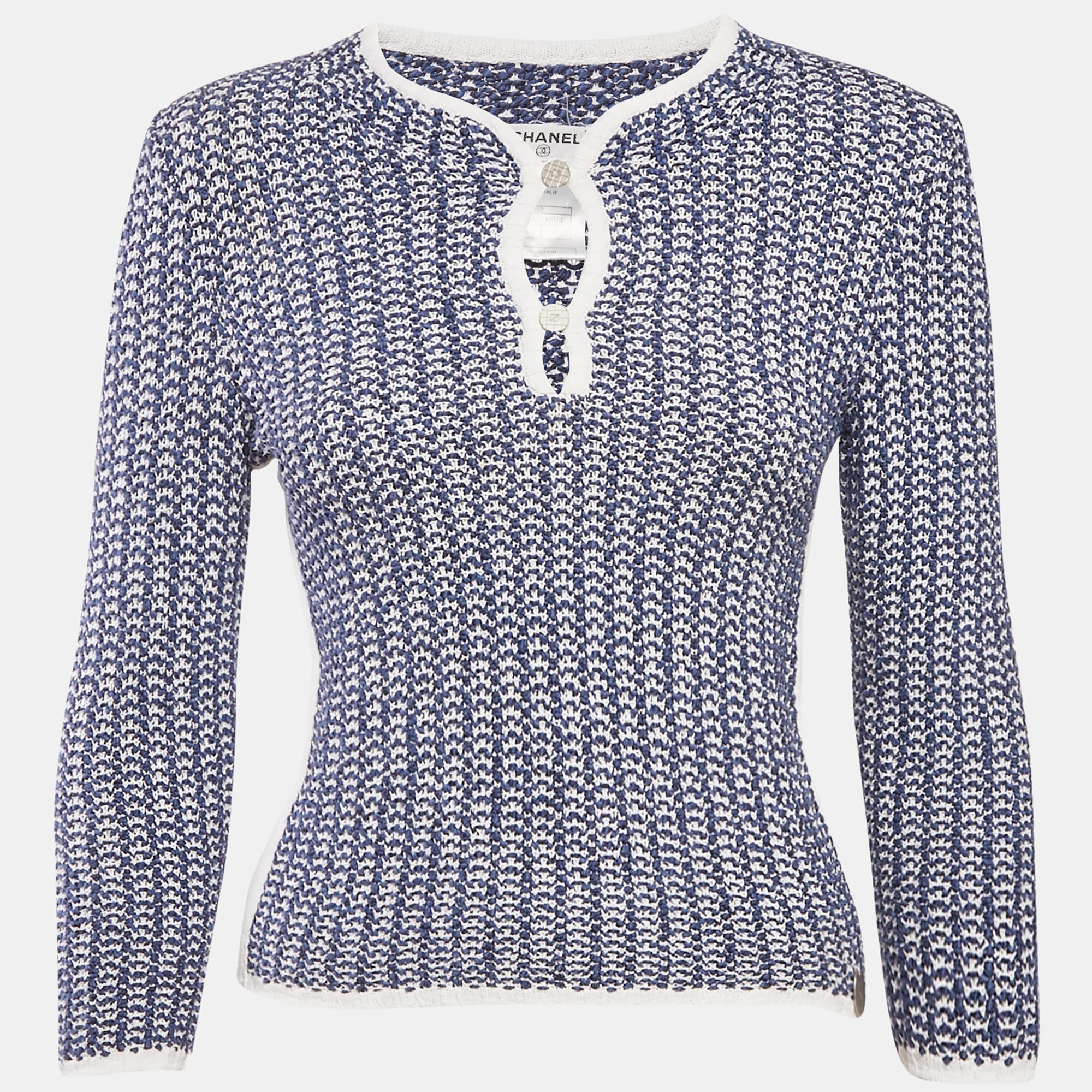 chanel blue crochet knit long sleeve top s