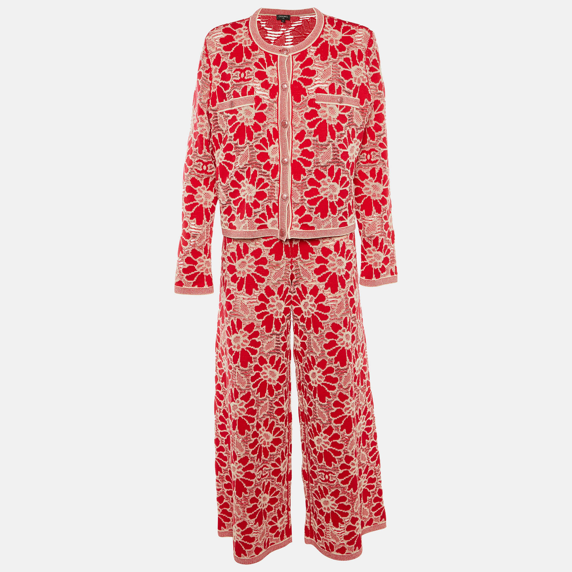 chanel red floral jacquard knit pant suit l