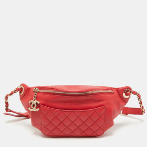 chanel red quilted leather waist bag