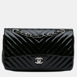 chanel black medium classic chevron patent double flap bag
