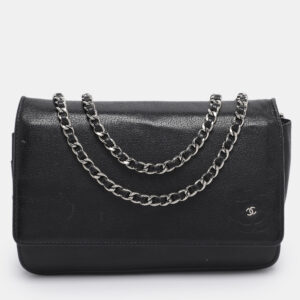 chanel black leather cc camellia woc clutch bag