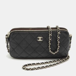 chanel black quilted caviar leather double zip wallet on chain