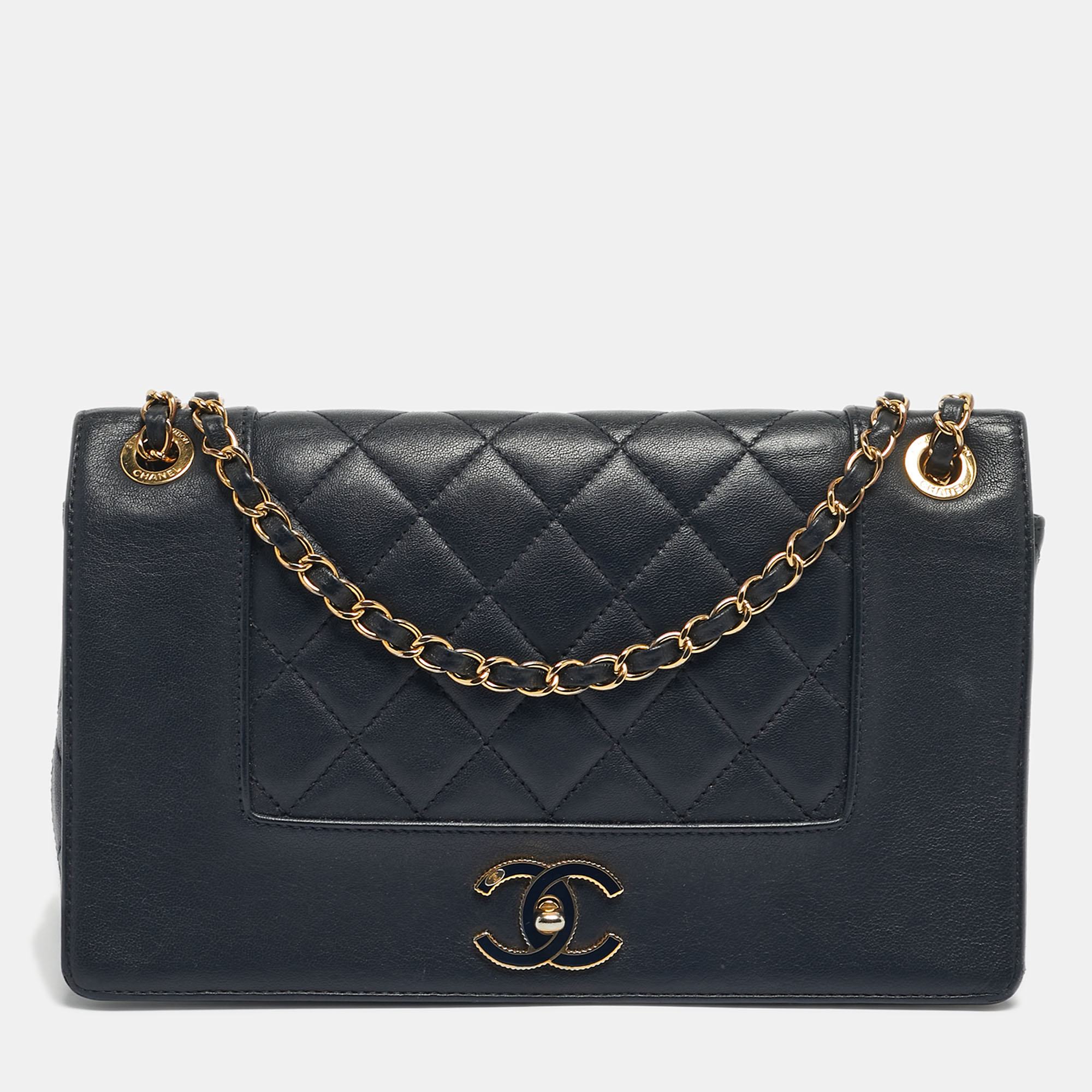 chanel navy blue quilted leather mademoiselle vintage flap bag