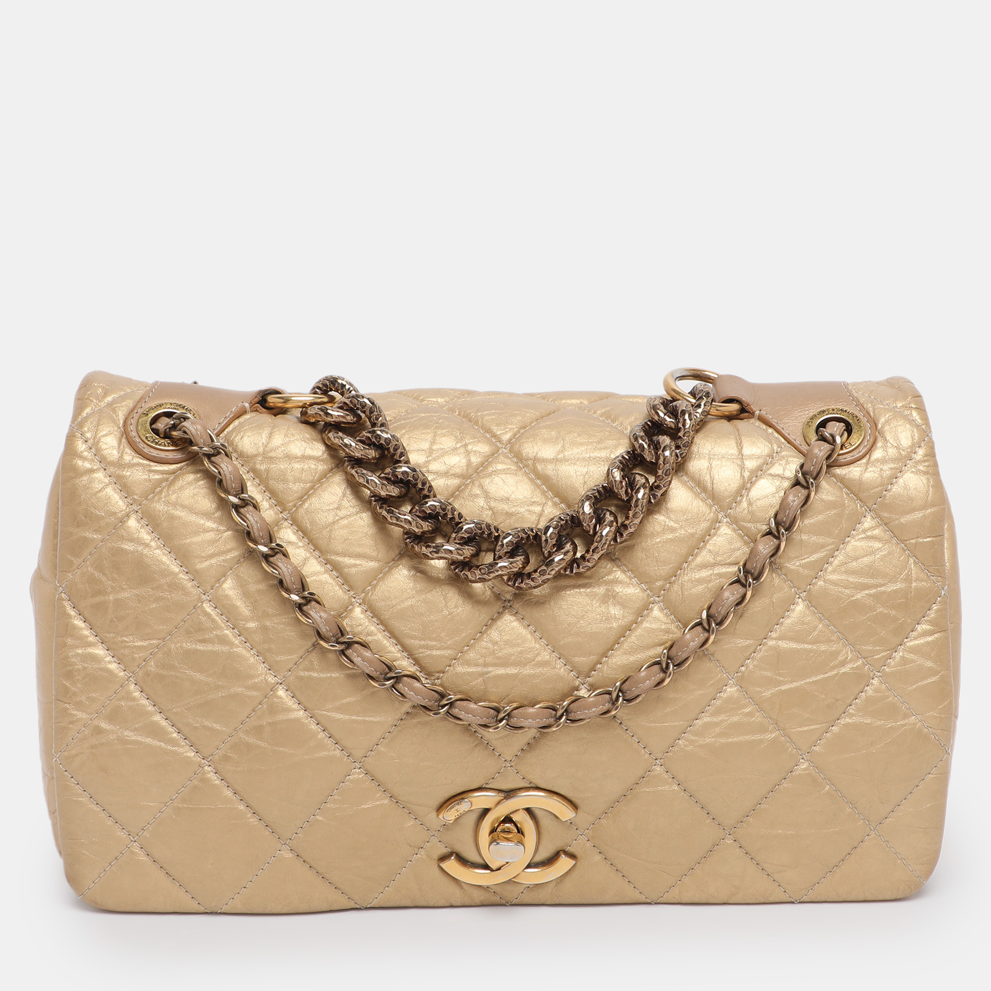 chanel gold quilted aged calf leather paris-bombay pondichery flap bag
