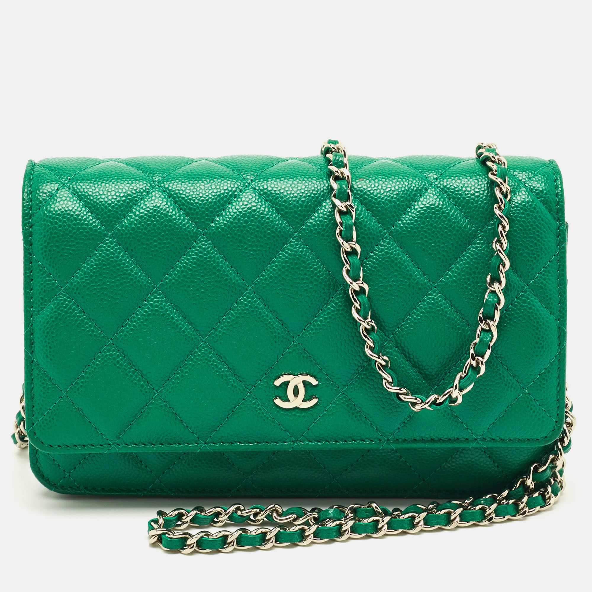 chanel green quilted caviar leather classic wallet on chain