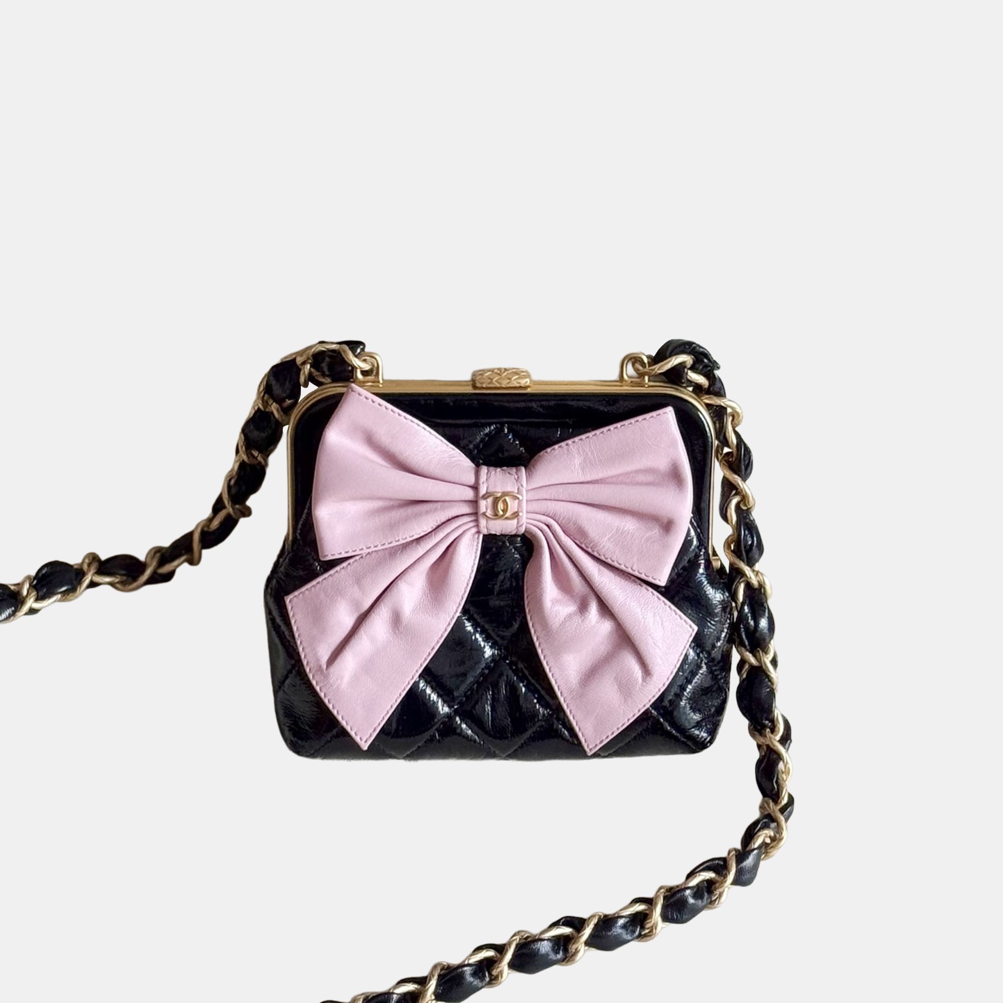 chanel black pink bow clip shoulder bag