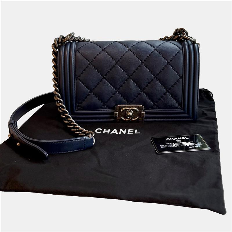 chanel boy medium navy blue leather shoulder bag