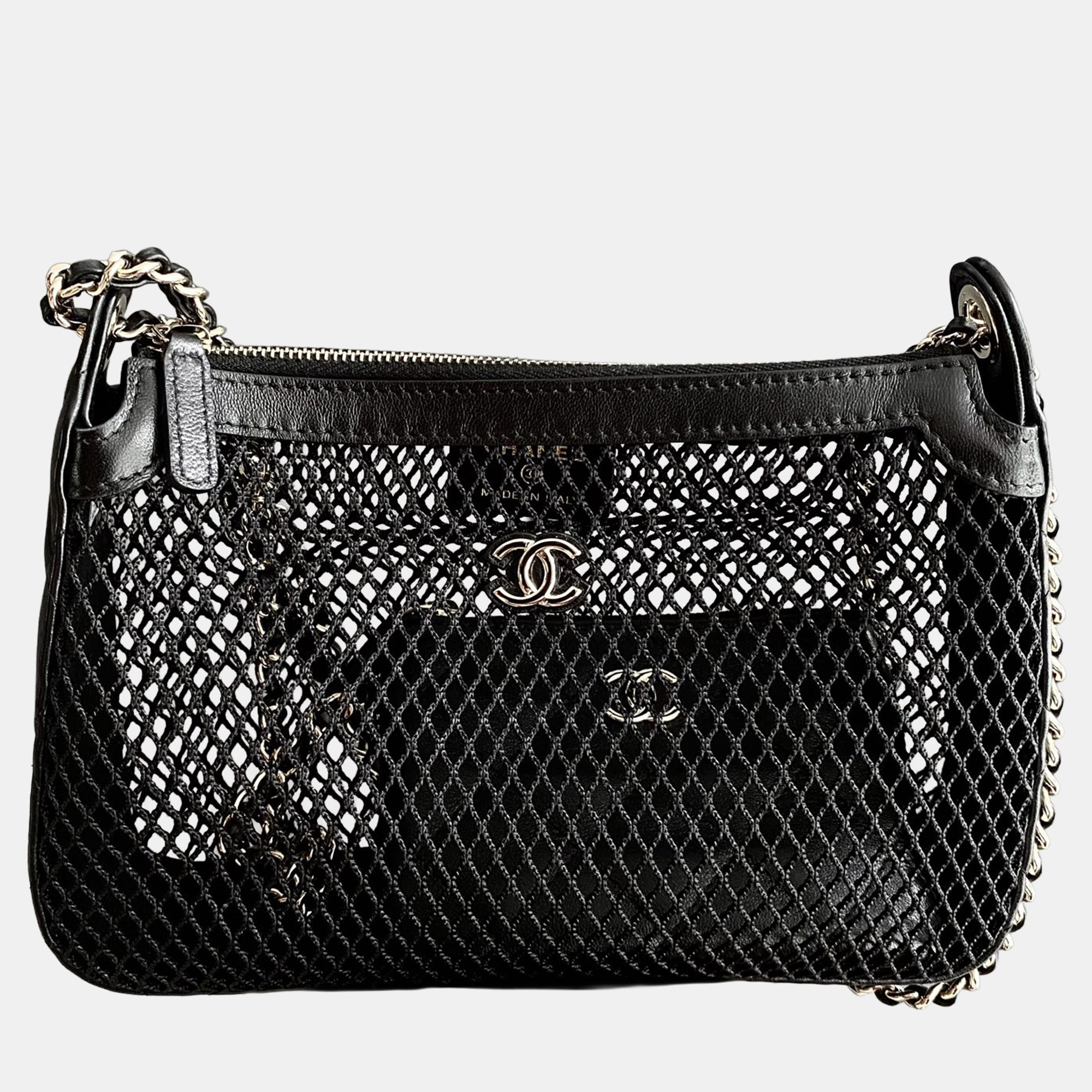 chanel mesh black shiny lambskin clutch with chain