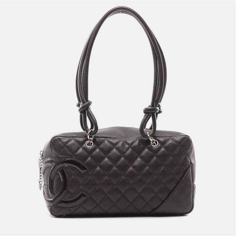 chanel cambon bowling bag shoulder leather patent leather  brown