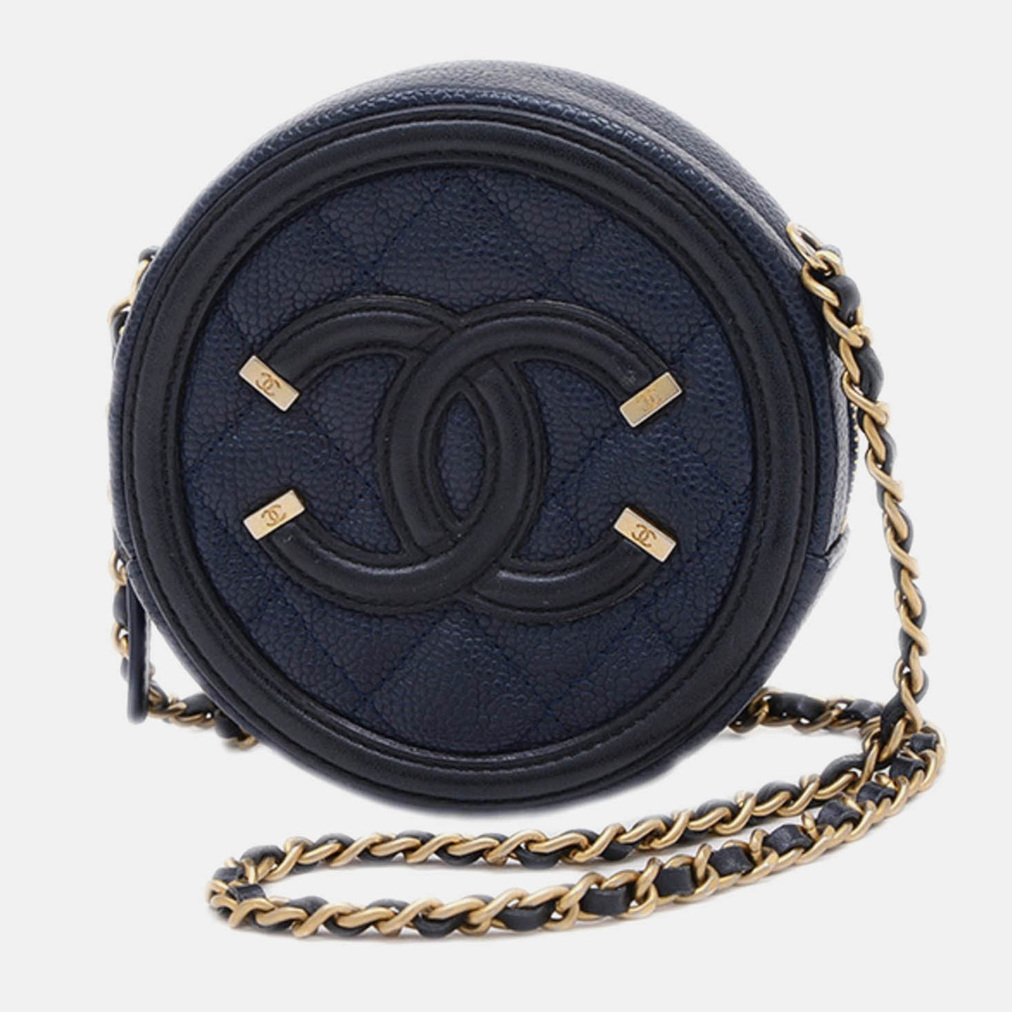 chanel cc filigree round chain shoulder bag caviar navy