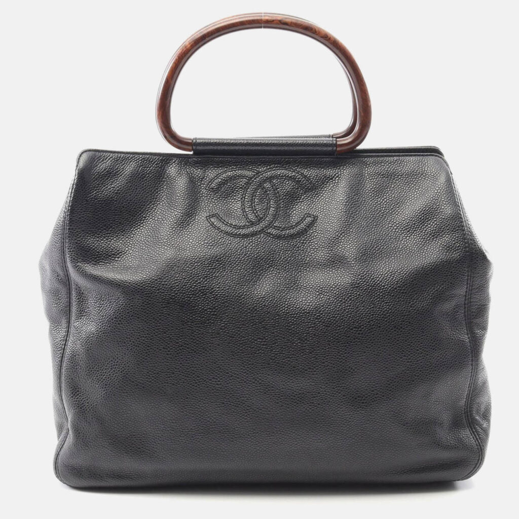 luxury-women-chanel-used-handbags-p1210465-001.jpeg Chanel Wooden Handle Black Calfskin Tote Bag