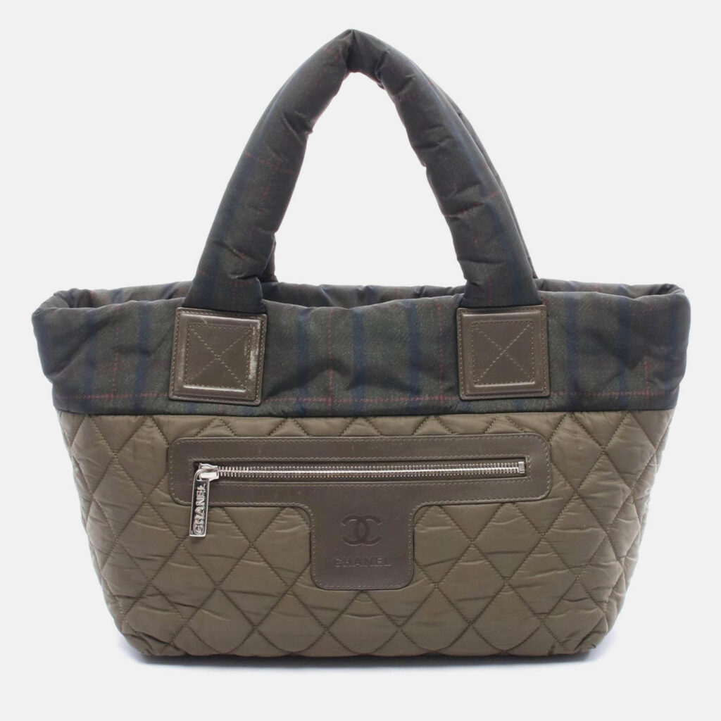 luxury-women-chanel-used-handbags-p1210466-002.jpeg Chanel CC Coco Small Khaki Green Nylon Leather Tote