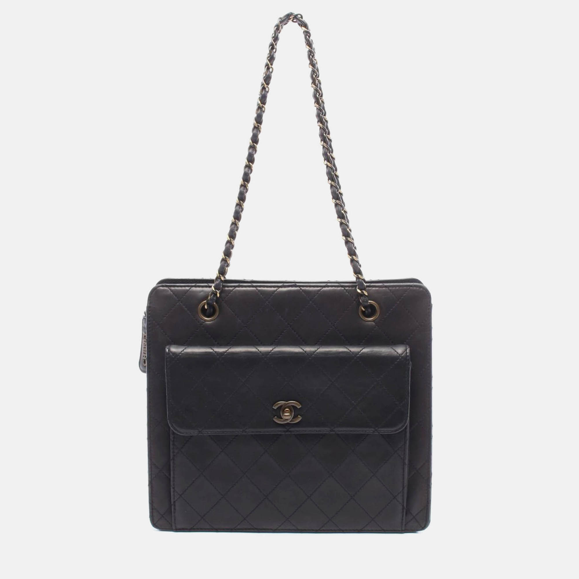 chanel cc coco matelasse  black lambskin leather chain shoulder bag