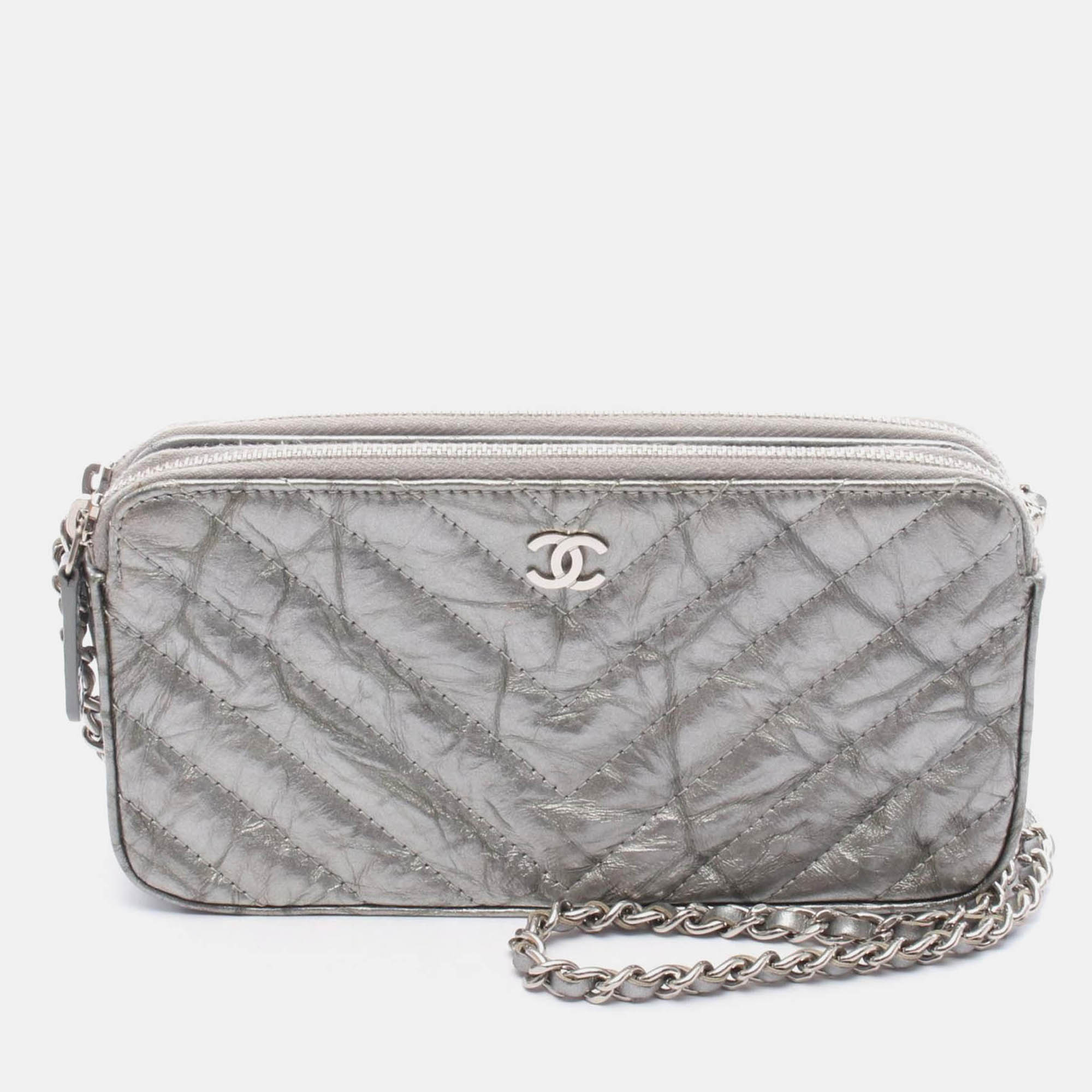 chanel coco chevron v stitch silver patent leather  chain shoulder bag