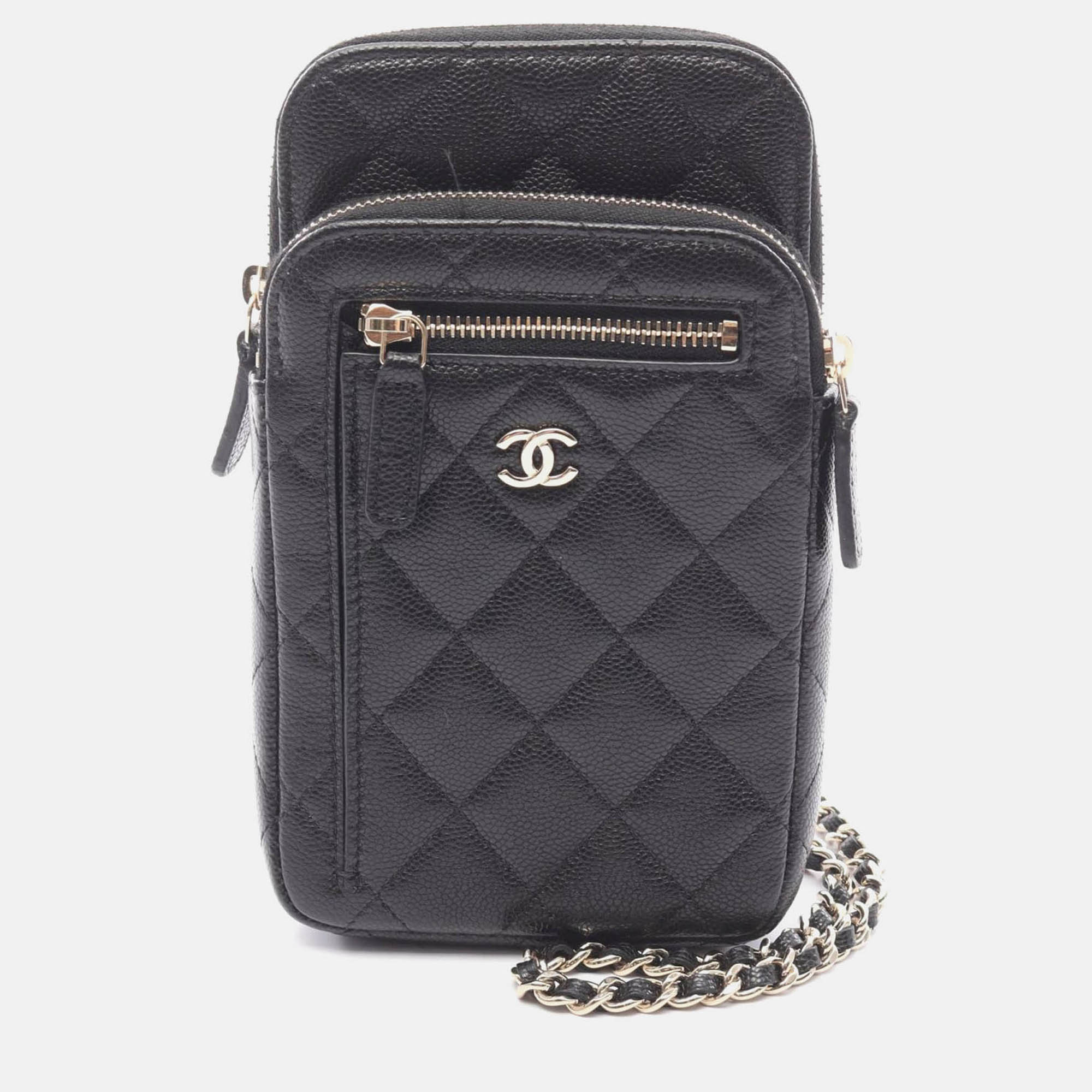 chanel matelasse black calfskin phone holder shoulder bag ghw