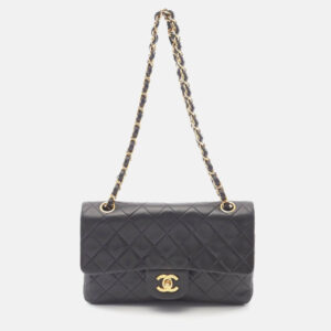 chanel matelasse w flap black lamb leather  chain shoulder bag