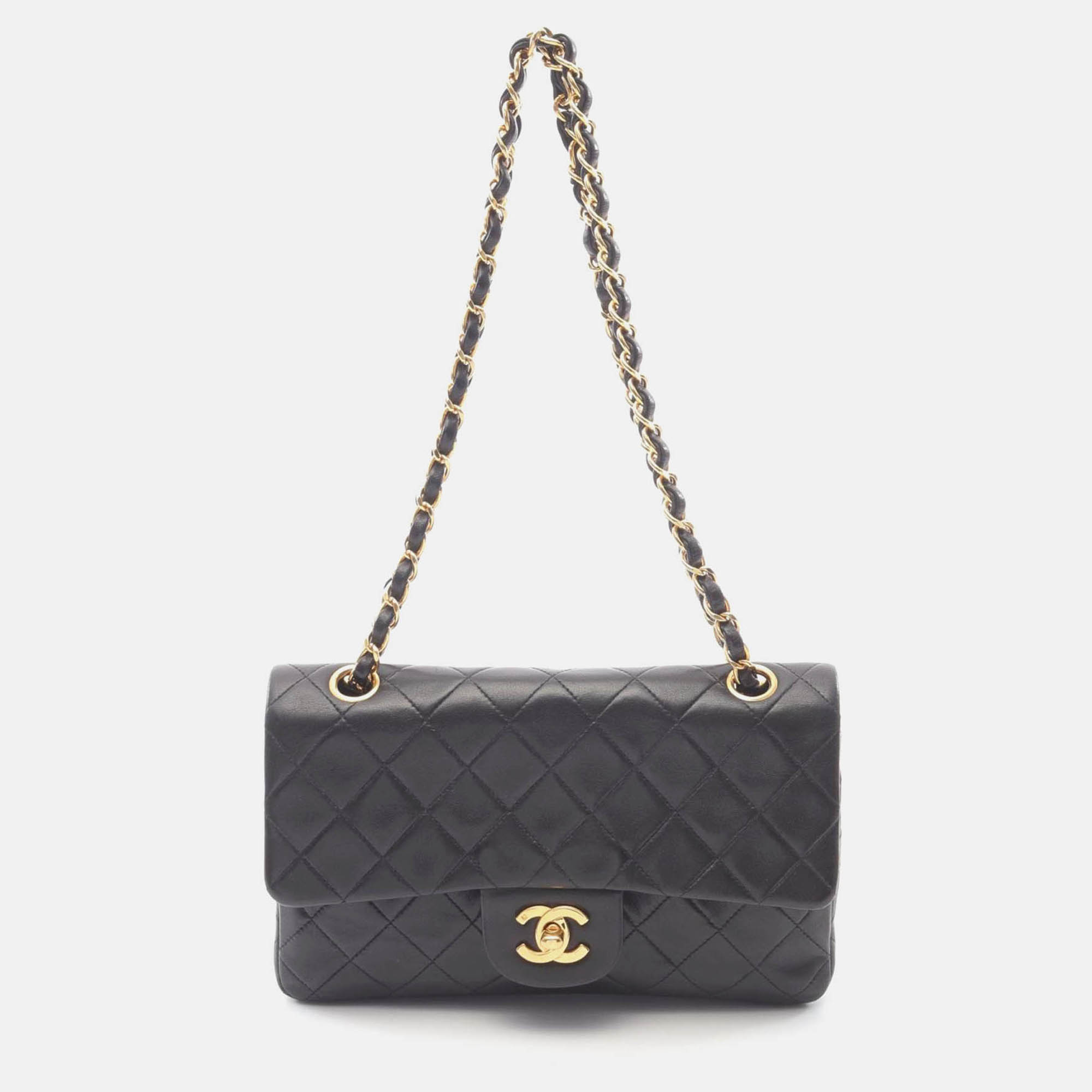 chanel matelasse w flap black lamb leather  chain shoulder bag