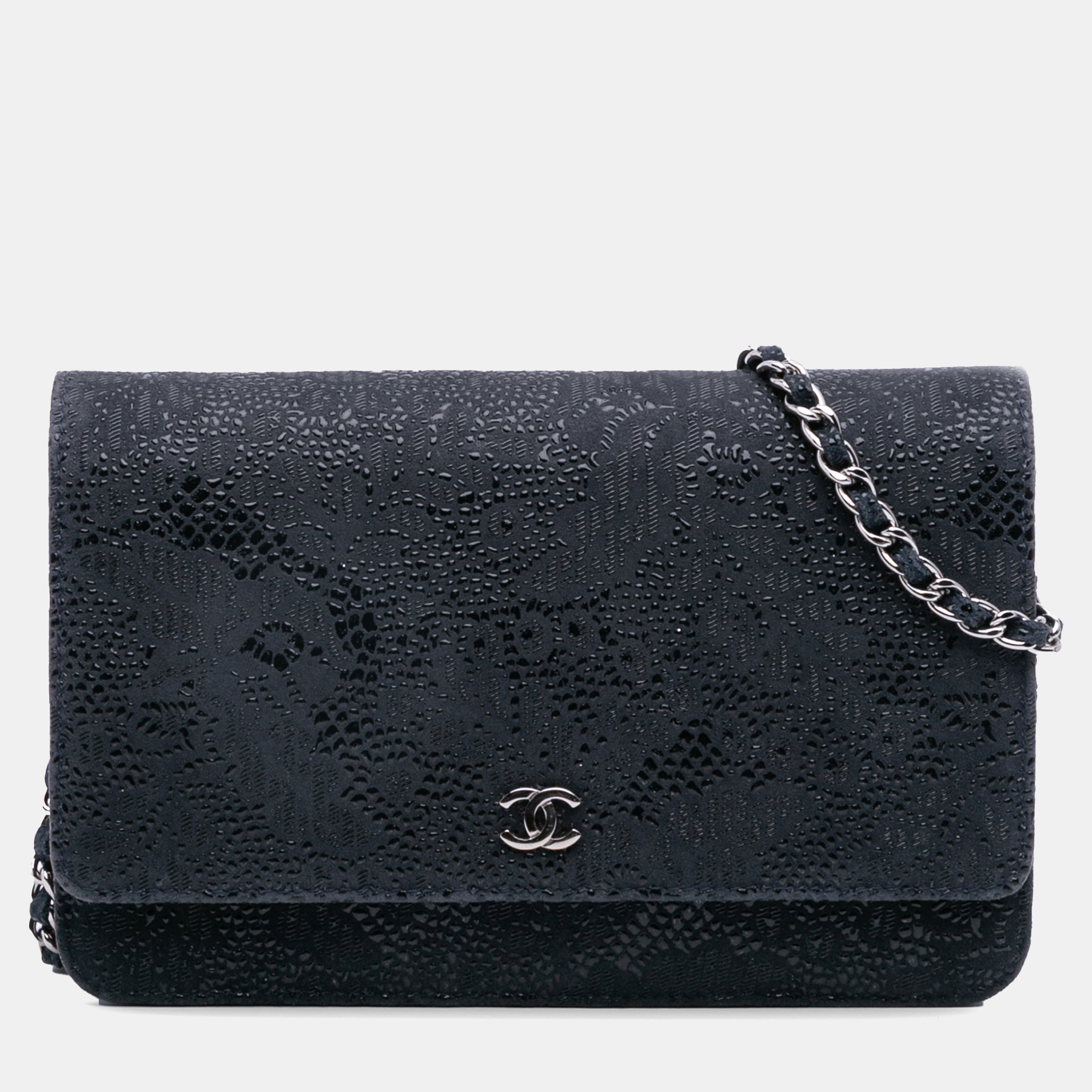 chanel navy blue lace overlay goatskin wallet on chain