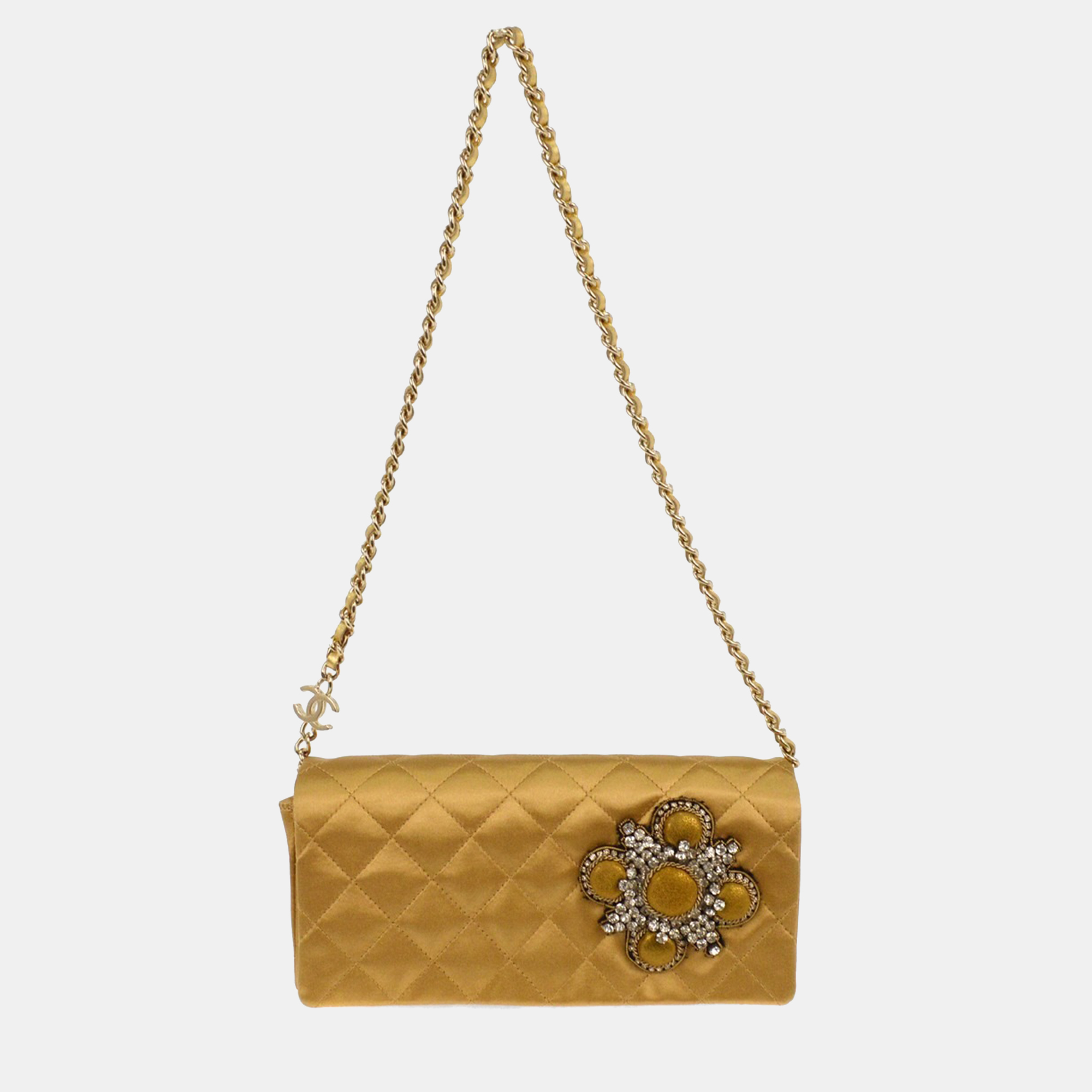 chanel gold satin straight flap shoulder bag