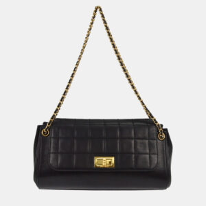chanel black lambskin mademoiselle lock choco bar shoulder bag