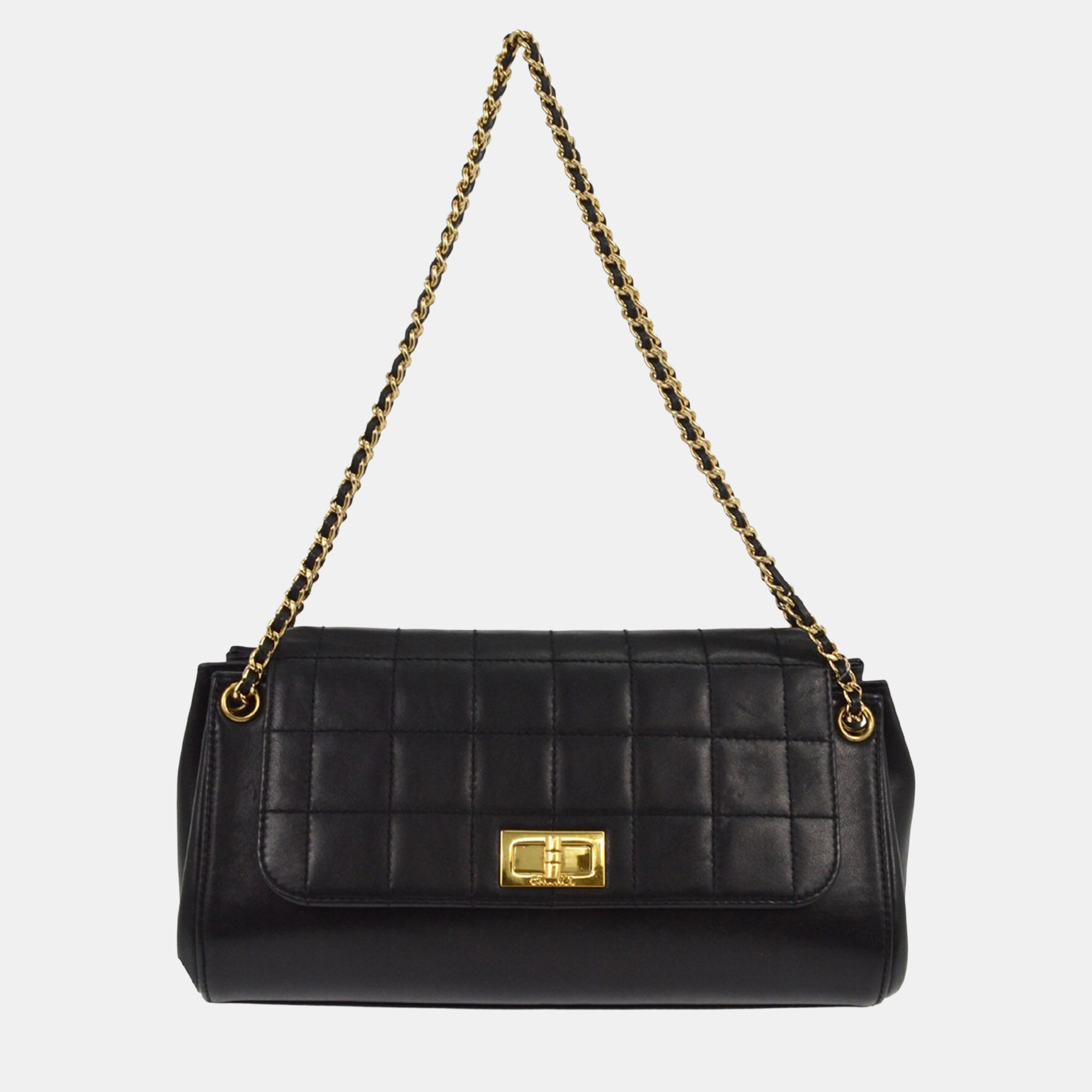 chanel black lambskin mademoiselle lock choco bar shoulder bag
