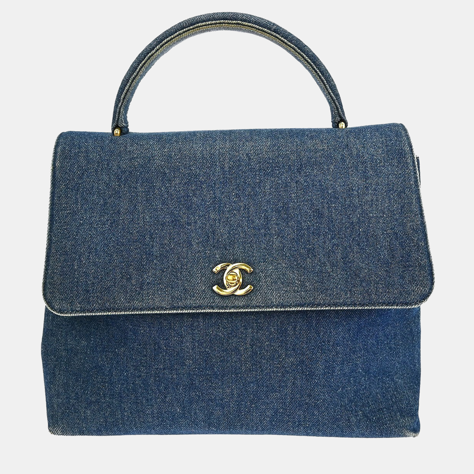 chanel blue denim top handle handbag