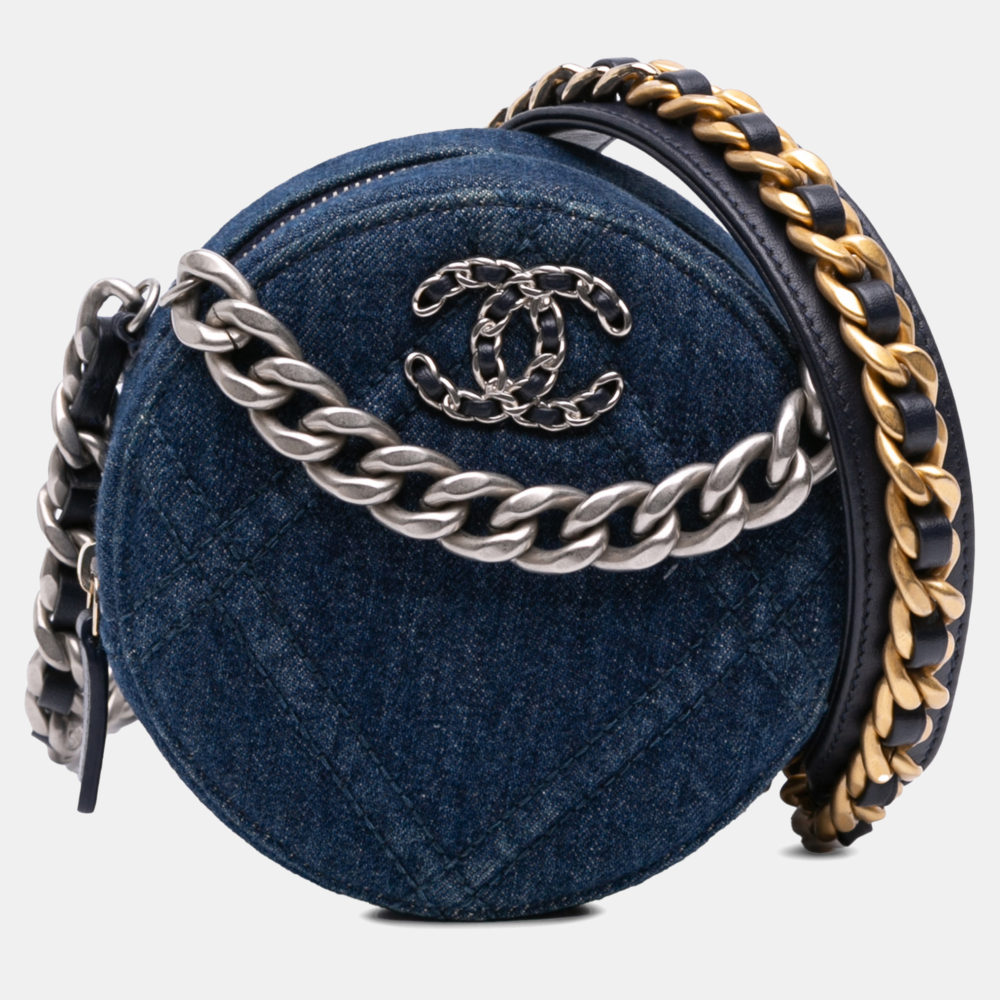chanel blue denim 19 round clutch with chain