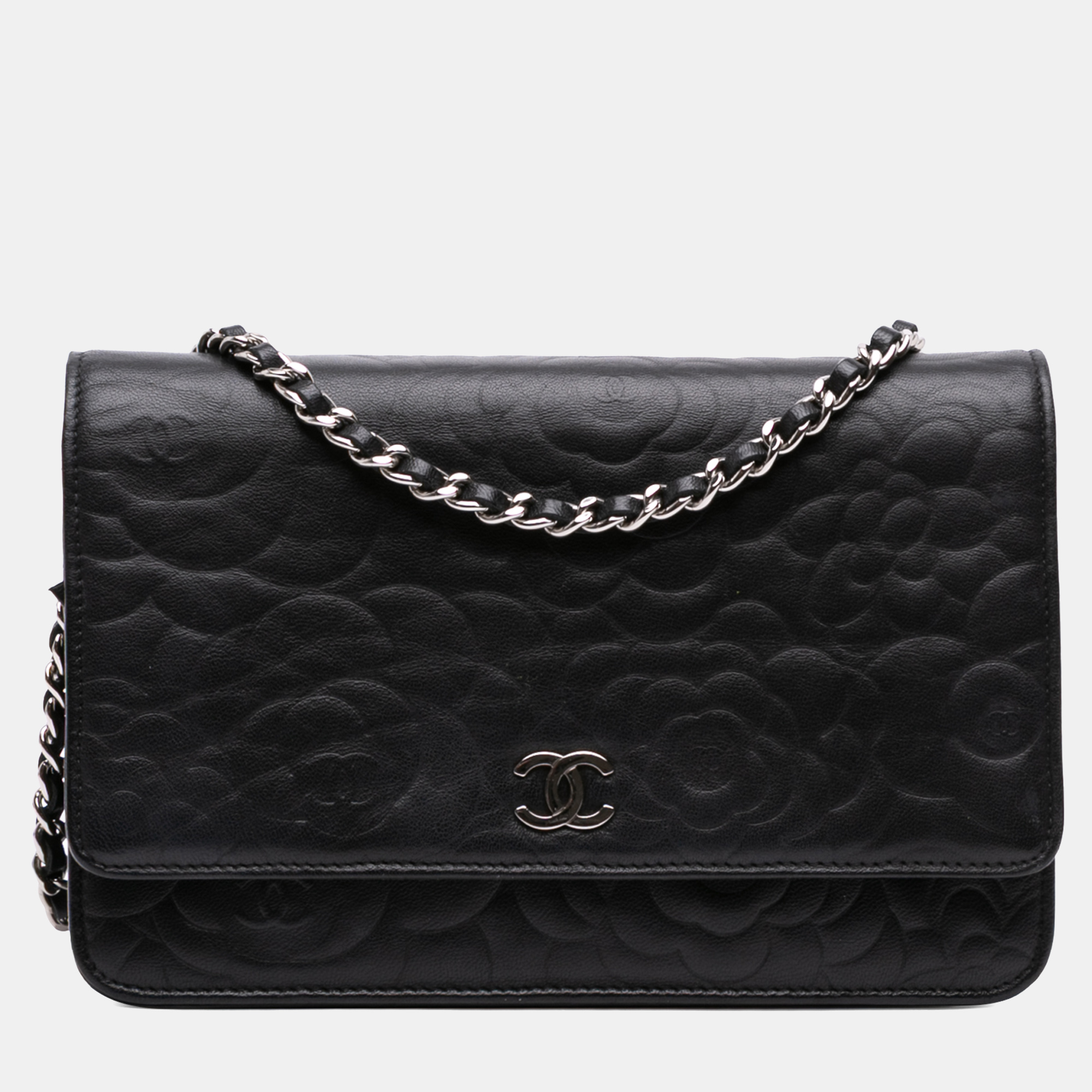 chanel black camellia embossed lambskin wallet on chain