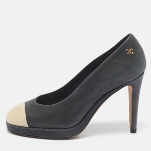 chanel grey/black leather cc cap toe pumps size 36