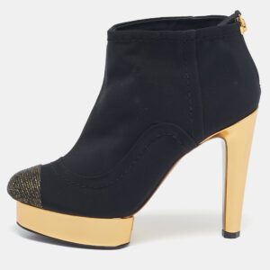 chanel black glitter and nylon cap toe ankle length boots size 38