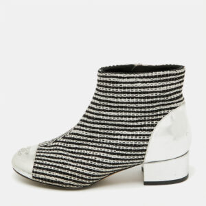 chanel silver/black leather and tweed ankle length boots size 35.5