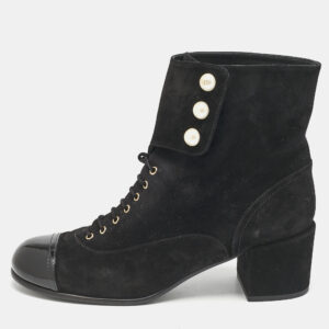 chanel black suede and patent leather cap toe cc pearl ankle boots size 40