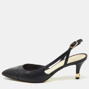 chanel black leather pointed toe cc heel slingback pumps size 37