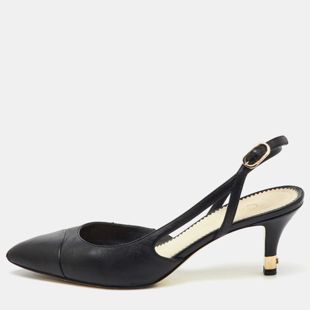 luxury-women-chanel-used-shoes-p1150044-009.jpg Chanel Black Leather Pointed Toe CC Heel Slingback Pumps Size 37
