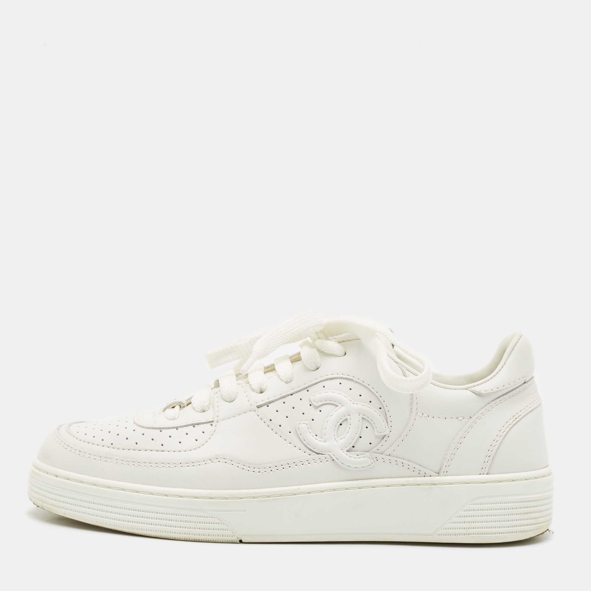 chanel white leather cc low top sneakers size 36.5