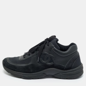 luxury-women-chanel-used-shoes-p1209637-001.jpg chanel black/navy blue fabric and leather cc low top sneakers size 39
