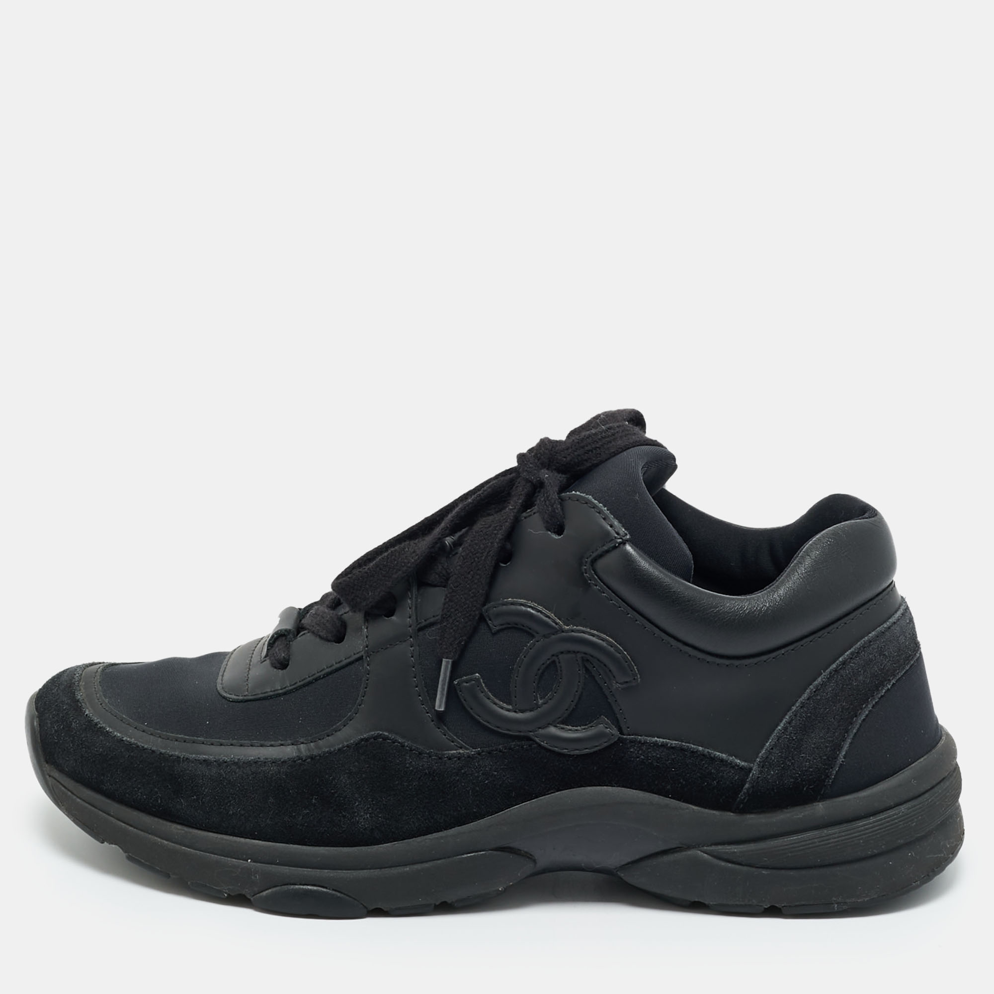 chanel black/navy blue fabric and leather cc low top sneakers size 39